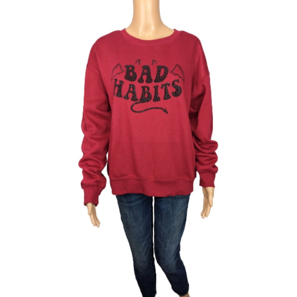 Forever 21 Rhinestone Bad Habits Graphic Pullover Sweatshirt L